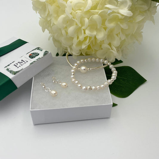 Sterling silver pearl bracelet and earrings set bridesmaid gift delicate bridal jewelry for bride or mother of the bride