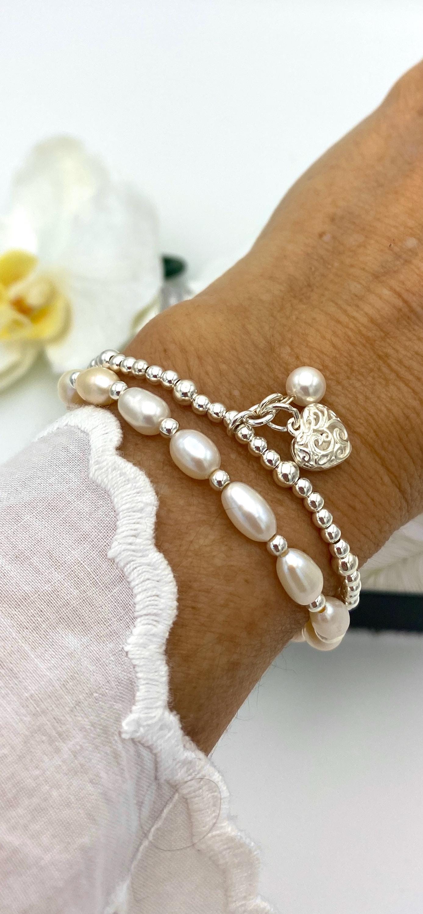 Freshwater pearl bracelet set sterling silver women minimalist jewelry pearl and heart charm wedding day accessory
