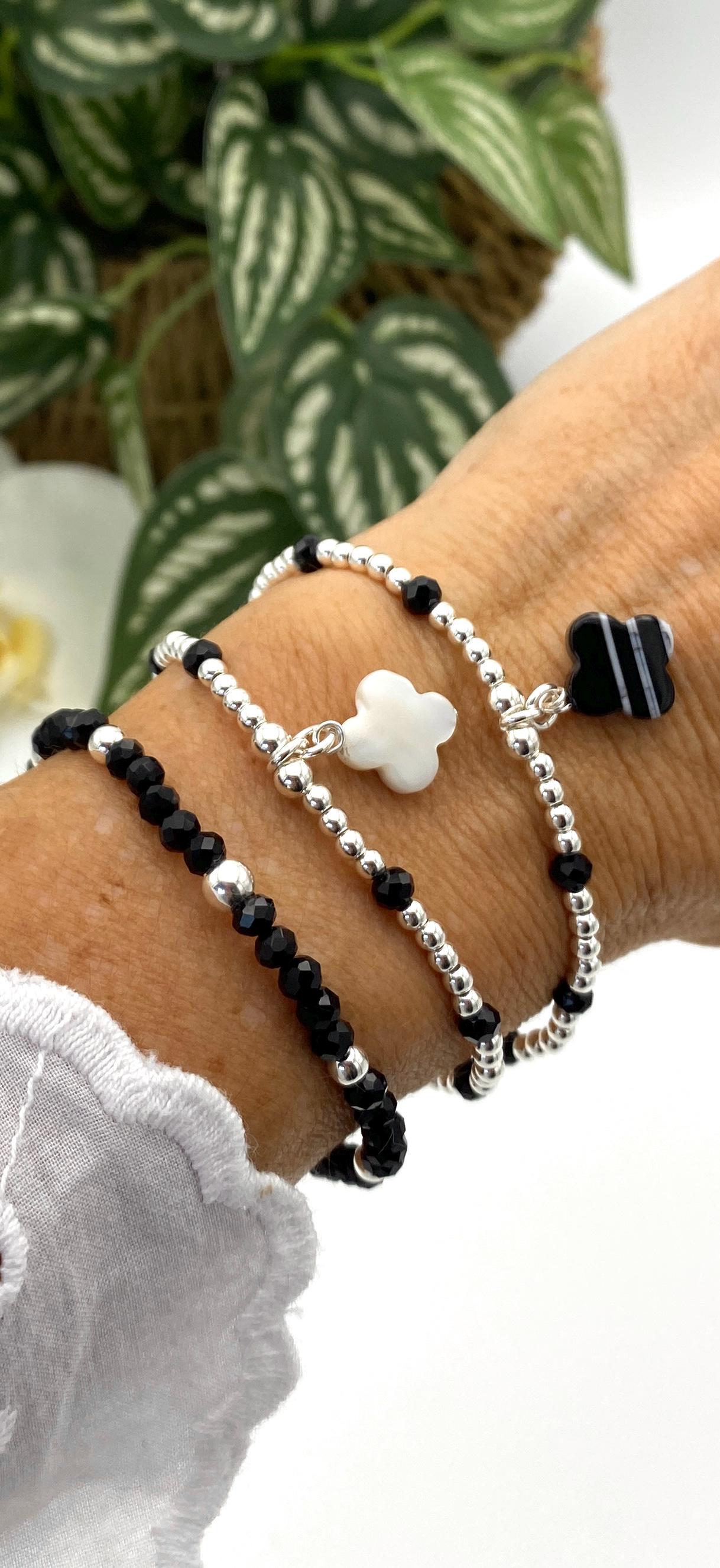 Sterling silver flower charm bracelet black and white jewelry gift for mom classic floral piece for her