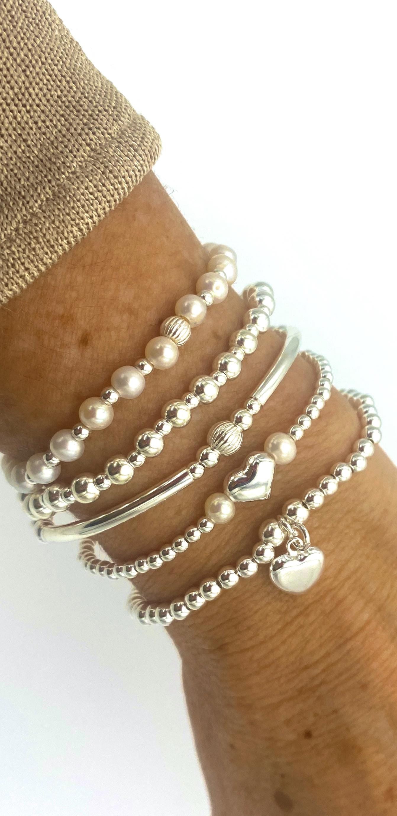 Pearl heart charm bracelet sterling silver wedding jewelry set gift for bridesmaid