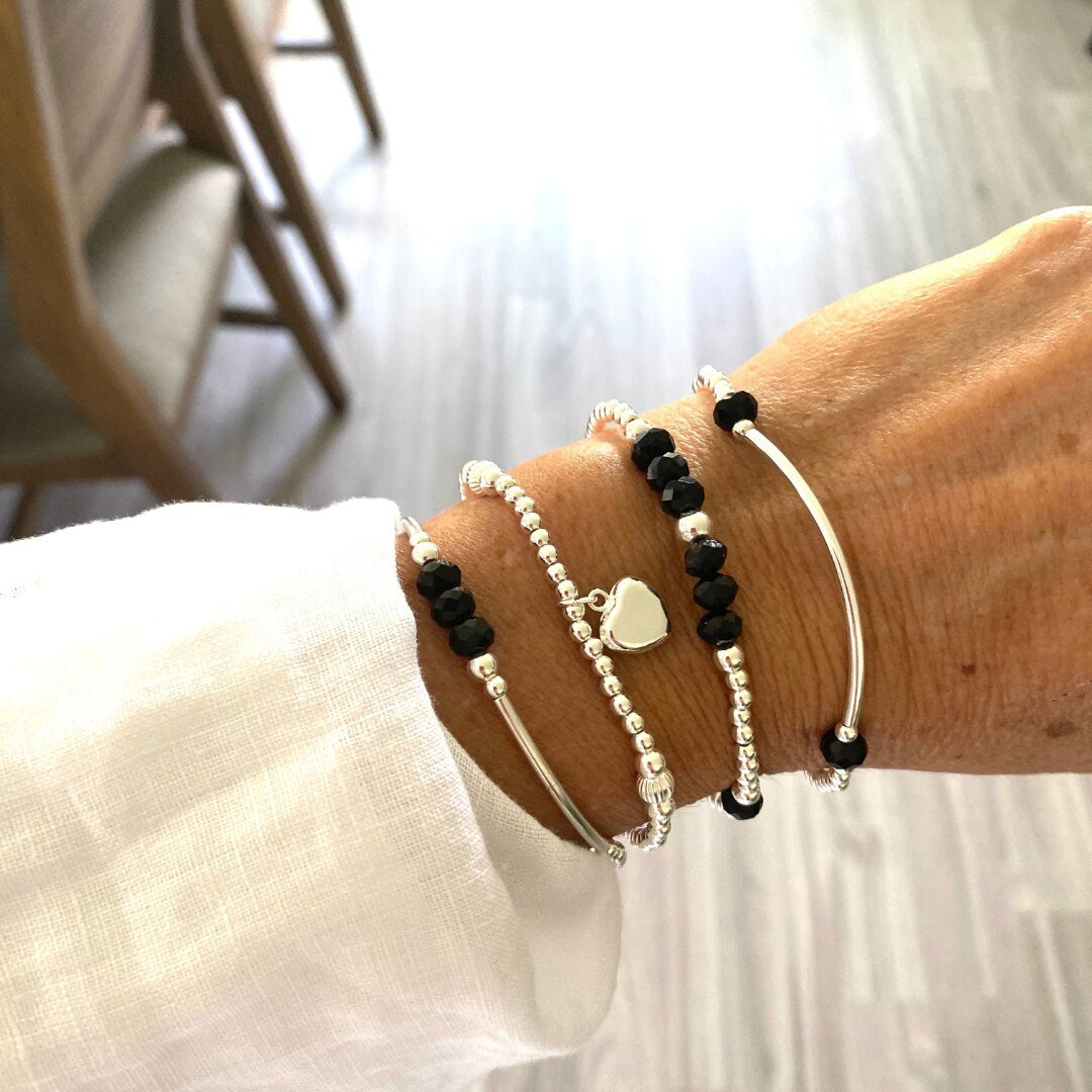 Black crystal silver bracelet sterling silver black beads gift for mom anniversary gift black crystal set stretch jewelry crystal bracelet