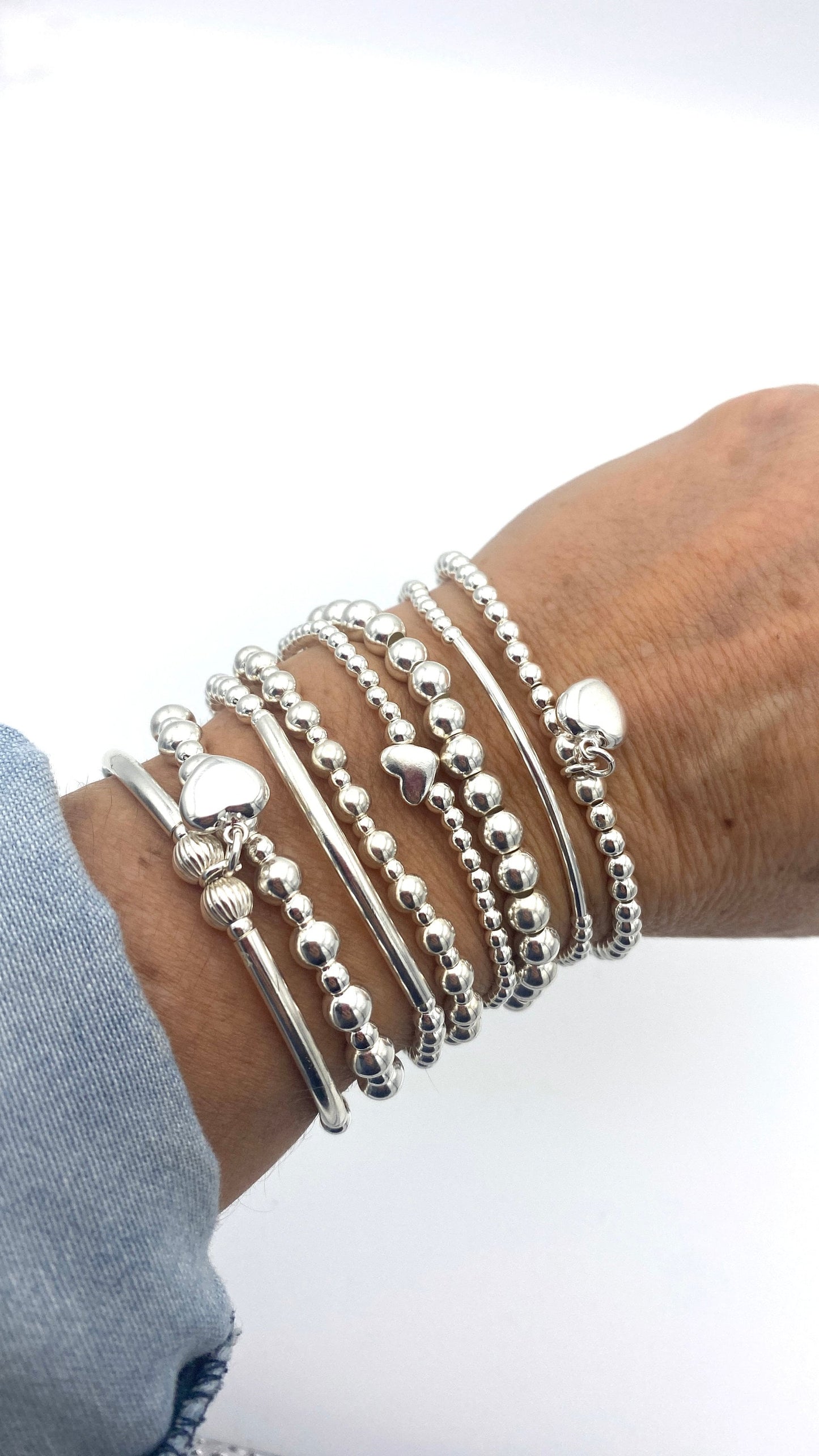 Sterling silver heart charm bracelet for women beaded stretchy jewelry birthday friendship gift