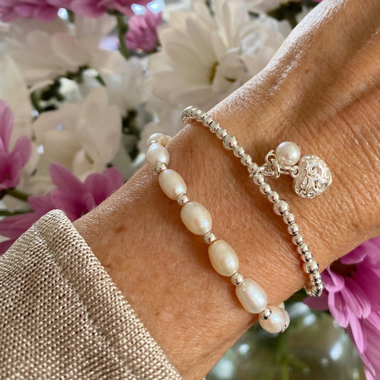 Freshwater pearl bracelet set sterling silver women minimalist jewelry pearl and heart charm wedding day accessory