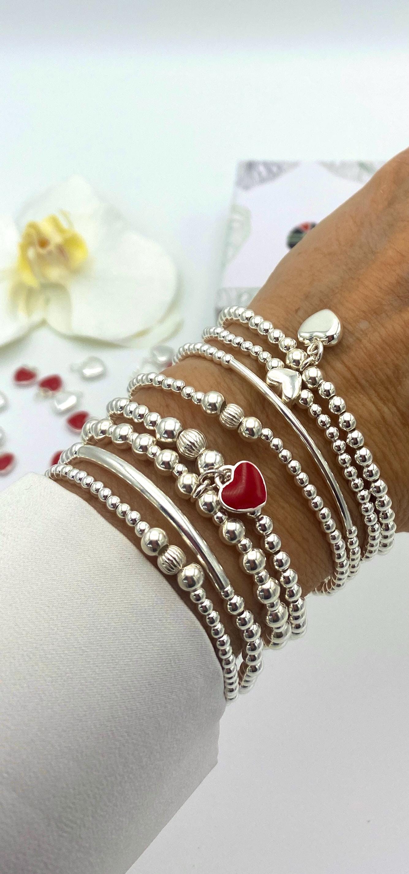 sterling silver red heart charm personalized bracelet stretchy jewelry set gift for women
