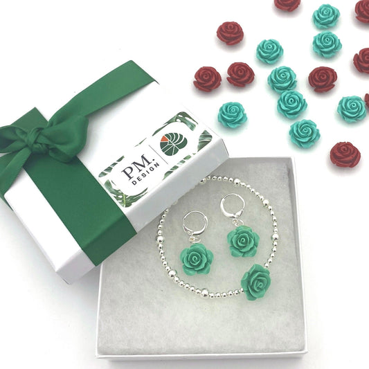 Blue flower bracelet and rose earrings set sterling silver spring gift