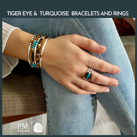 Tiger Eye Turquoise Silver Bracelet 925 Sterling Layering Beaded Jewelry Gift for Mom