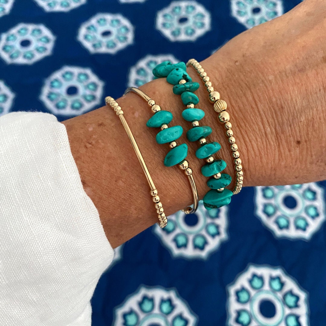 Turquoise gold filled beaded Bracelet nugget shape stacking handmade jewelry women elegant sea color gift