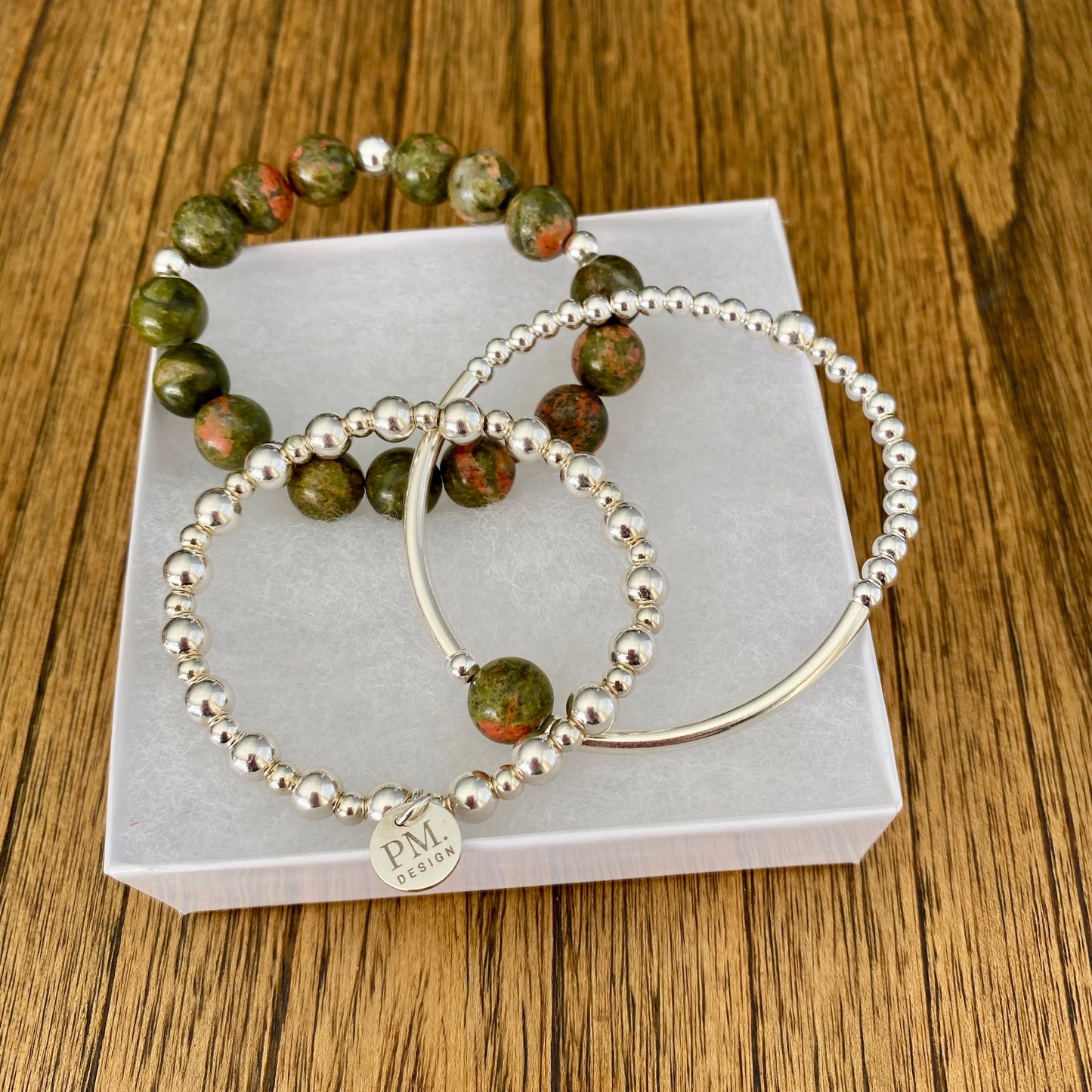 Silver and Green Beaded Bracelet Sterling Silver Stretchy Gift for Women