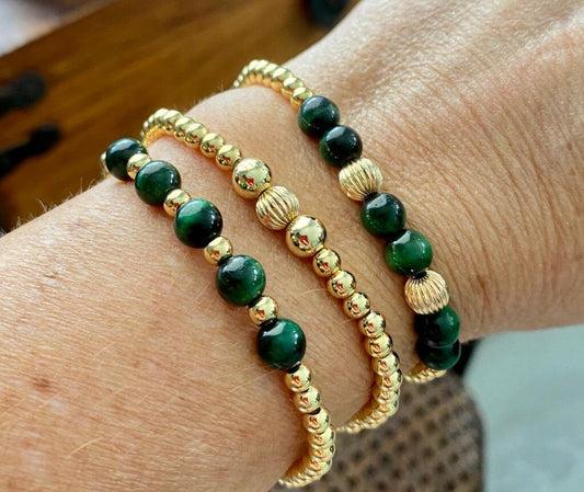 Gold Filled Green Bracelet Tiger Eye Beaded Jewelry for Women