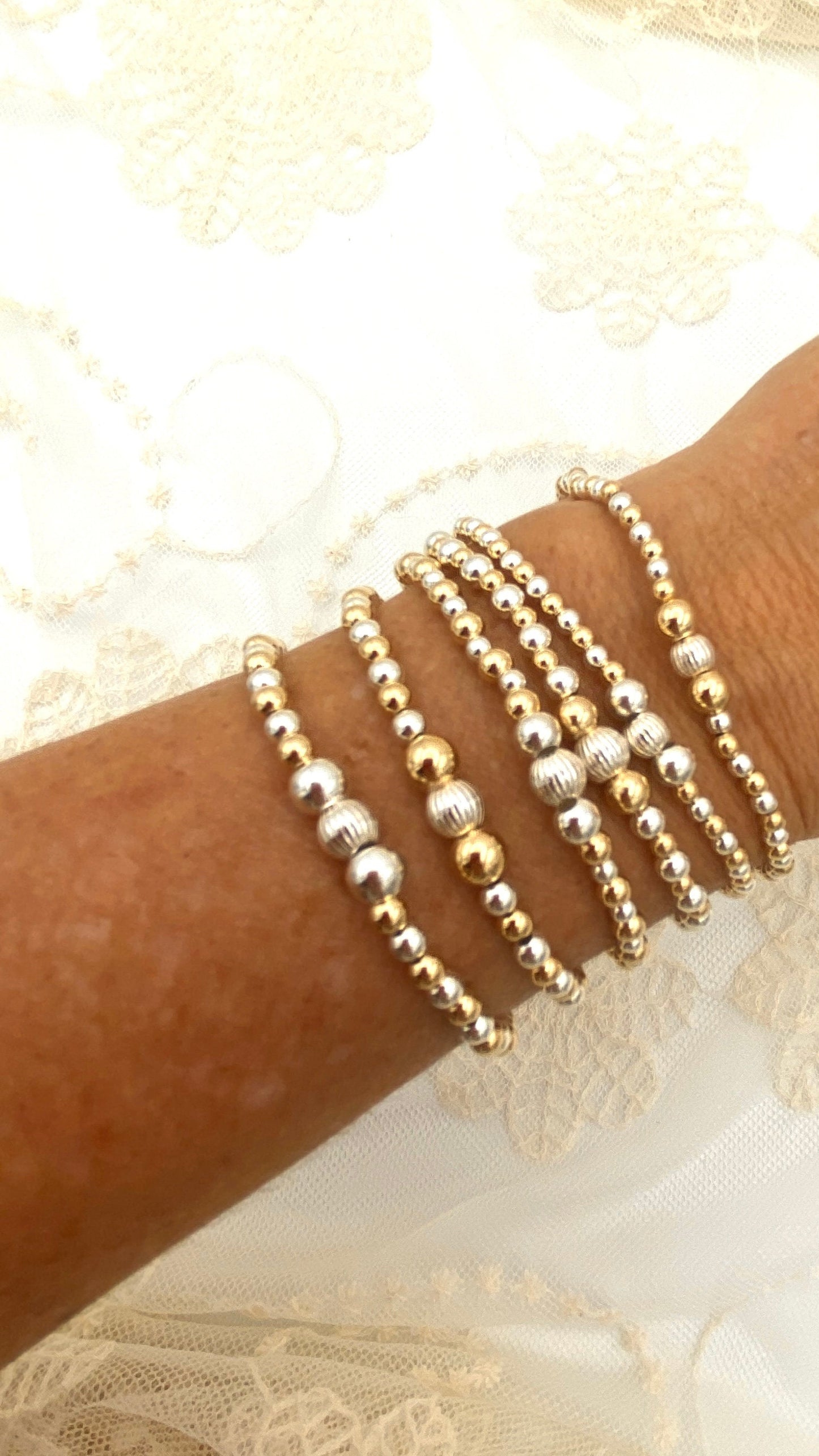 Beaded Silver and Gold Bracelet Set Stacking Everyday Jewelry Gift for Her
