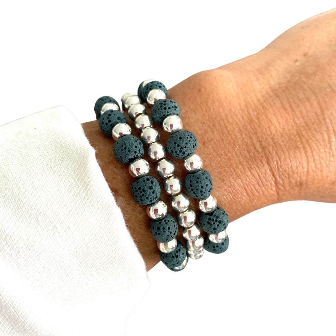 Sterling silver blue stone beaded bracelet silver stretchy jewelry for women