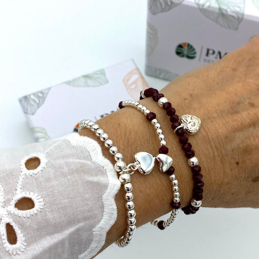 Sterling silver wine crystal bracelet for women heart charm stretchy personalized jewelry gift