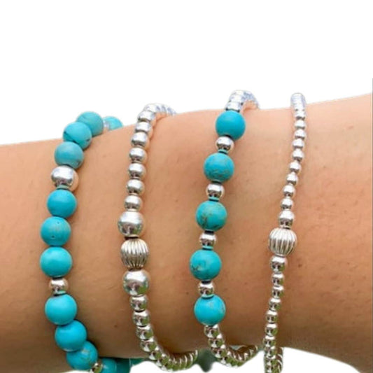 Turquoise sterling silver Beaded Bracelet Turquoise jewelry set Layering silver Bracelets Blue Turquoise Stack Turquoise Mom's Gift