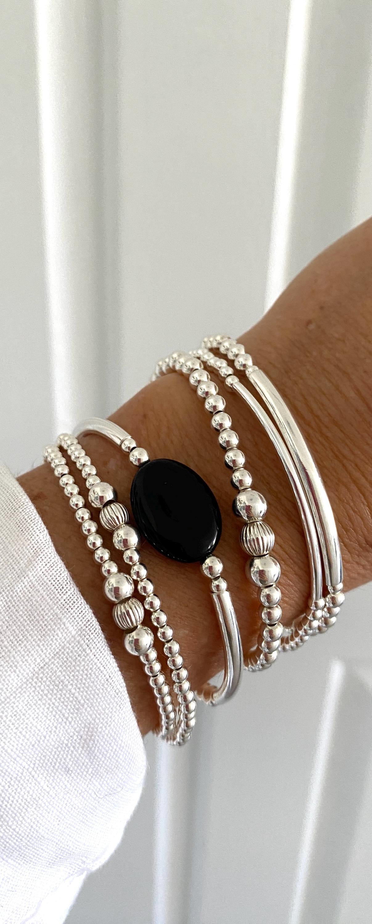Black onyx sterling silver stacking bracelet women stretchy gemstone jewelry friend birthday gift