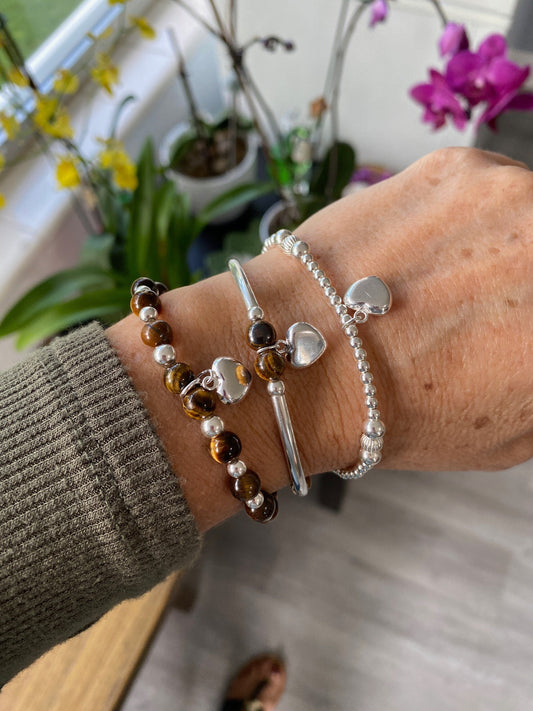 Tiger's eye sterling silver charm bracelet beaded stretchy heart jewelry set