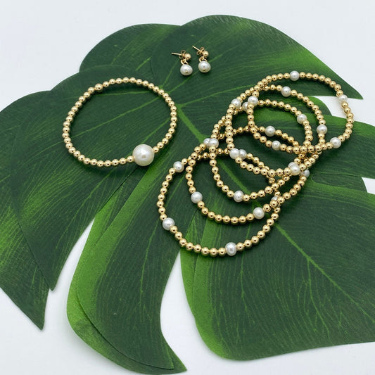 Gold filled beaded pearl bracelet wedding day jewelry accessory set bridesmaid friendship gift