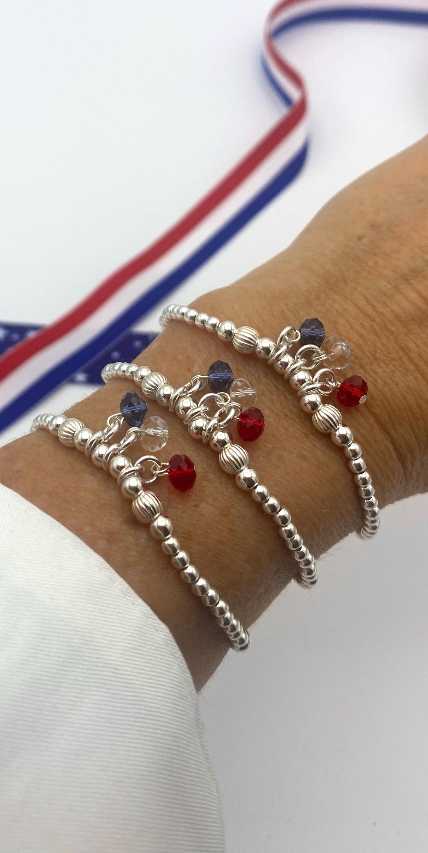 Patriotic crystal charm bracelet silver flag jewelry 4th of July gift set
