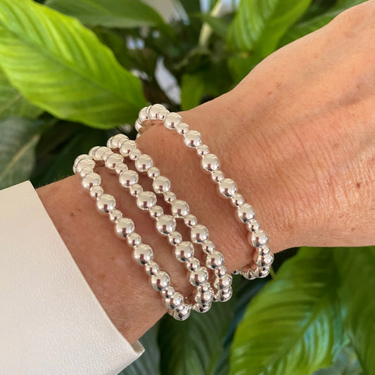 Sterling silver 6&4 beads women stacking bracelet mix 2 sizes stretchy jewelry gift