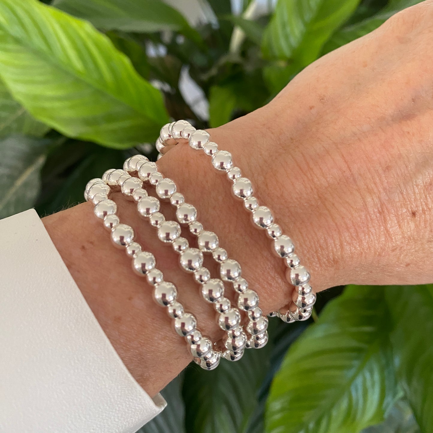 Sterling silver 6&4 beads women stacking bracelet mix 2 sizes stretchy jewelry gift