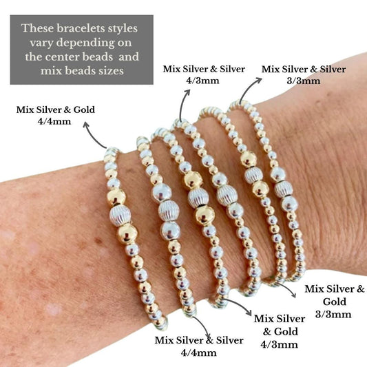 Beaded Silver and Gold Bracelet Set Stacking Everyday Jewelry Gift for Her