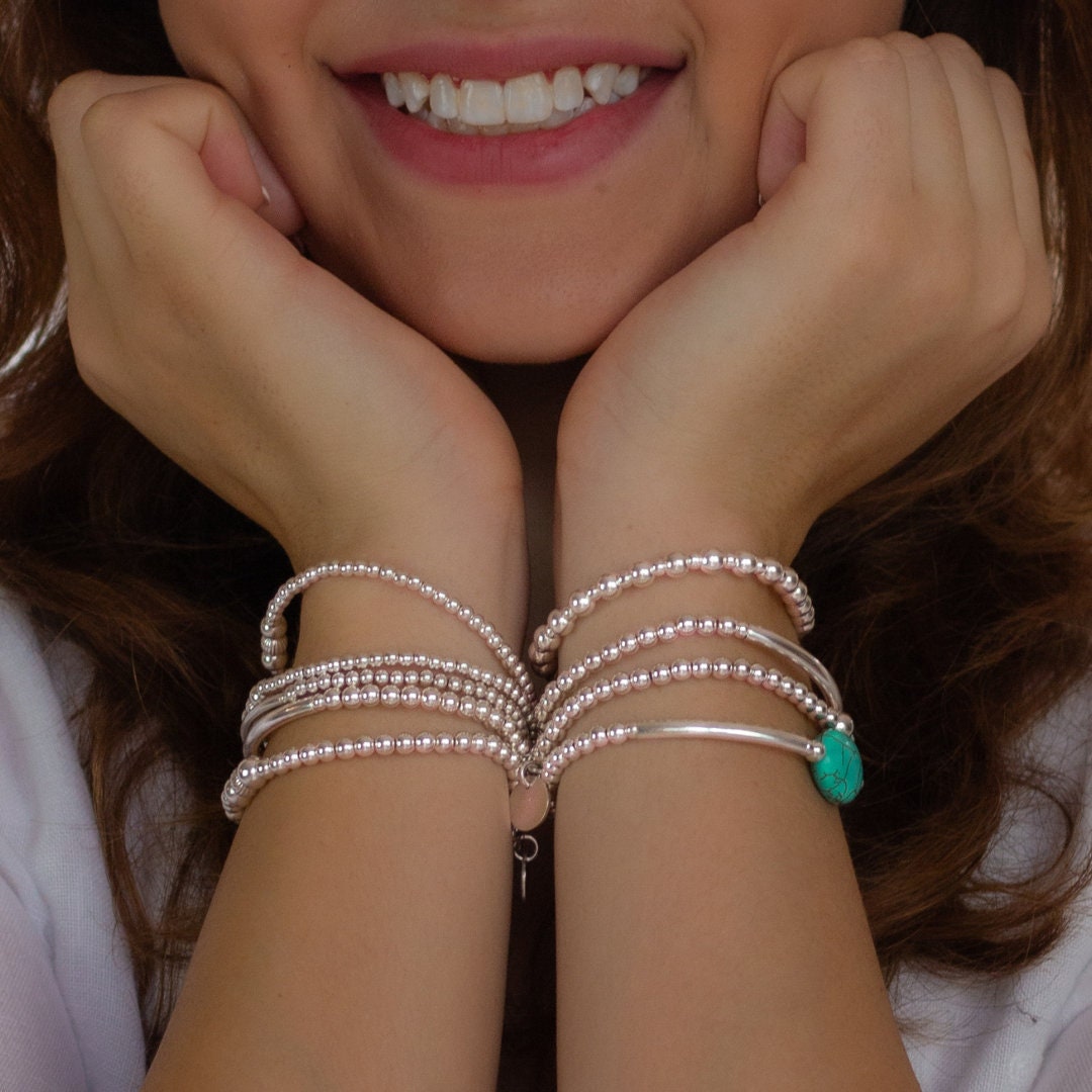 Turquoise sterling silver Beaded Bracelet Turquoise jewelry set Layering silver Bracelets Blue Turquoise Stack Turquoise Mom's Gift