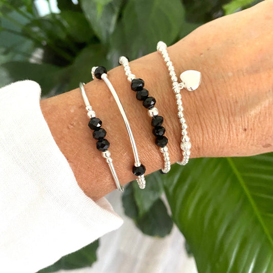 Black crystal silver bracelet sterling silver black beads gift for mom anniversary gift black crystal set stretch jewelry crystal bracelet