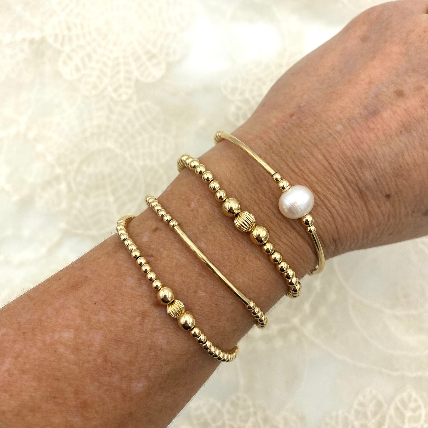 Gold filled pearls earrings bracelet classic accessory women gift stretchy jewelry anniversary present