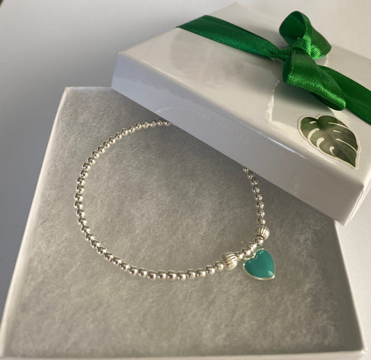 Sterling Silver Charm Bracelet with Red and Blue Heart Charms