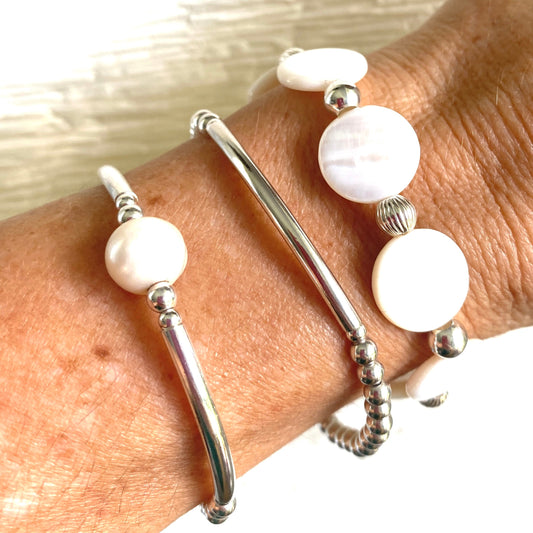 Sterling Silver mother of pearl bracelet women beaded stacking jewelry white freshwater pearl stretchy set