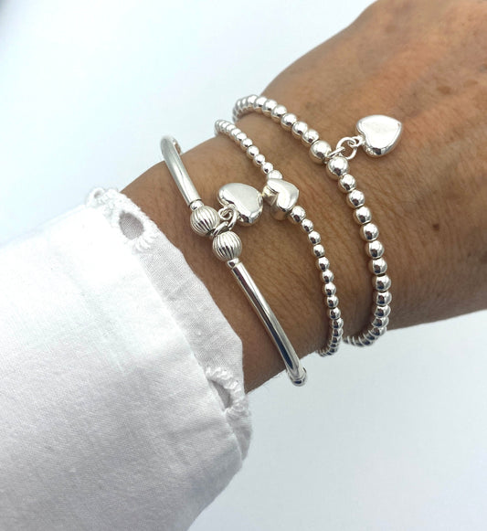 Sterling silver heart charm bracelet for women beaded stretchy jewelry birthday friendship gift