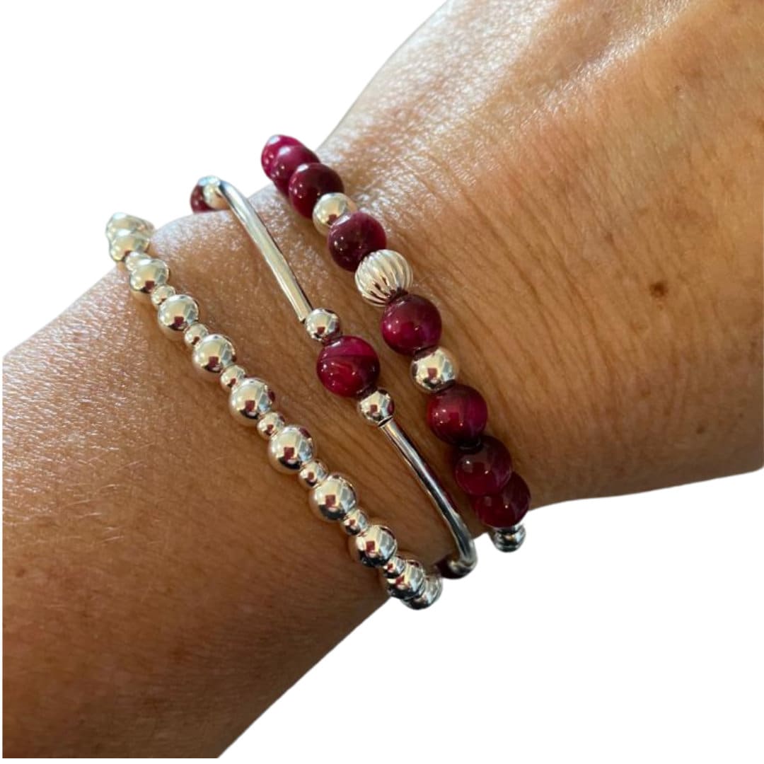 Pink Tiger Eye Sterling Silver Beaded Bracelet Layering Gift for Women