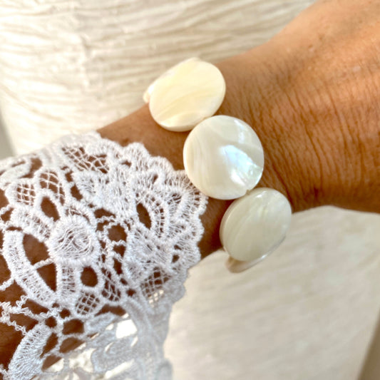 Maxi Mother of Pearls sterling silver bracelet large pearl stretchy jewelry maximalist women gift