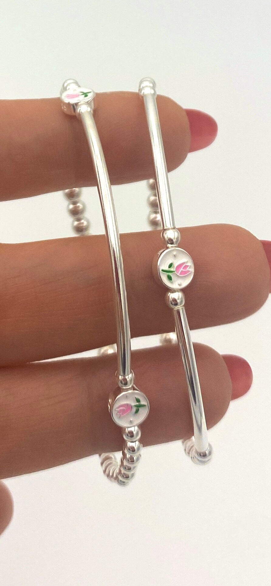Silver Flower Charm Bracelet Pink Tulip Gift Set for Women