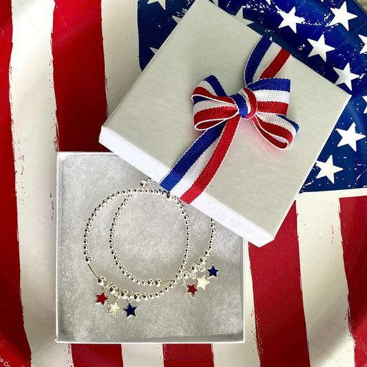 Patriotic stars bracelet set red white blue charms sterling silver USA gift