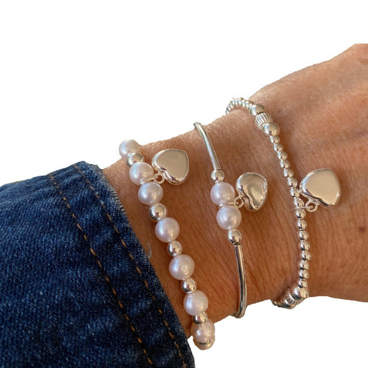 Sterling silver heart charm pearl bracelet set personalized gift for her elegant silver and pearl jewelry