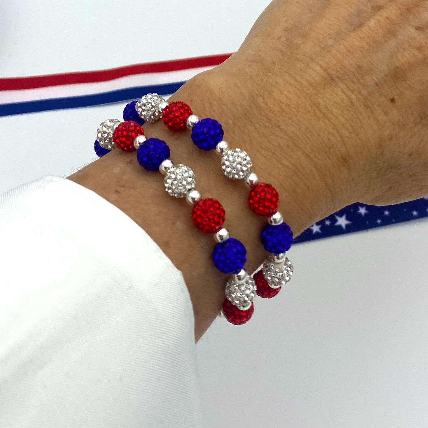 Red white blue bracelet USA crystal jewelry patriotic stretchy gift for her