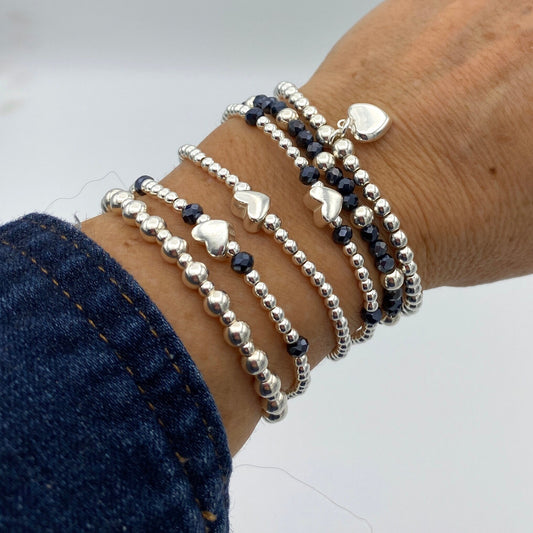 Sterling silver blue crystal bracelet set heart charm beaded stretchy jewelry gift