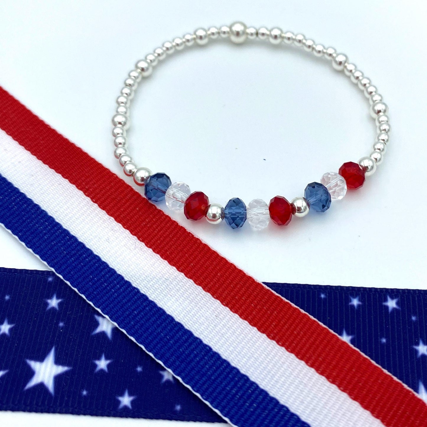 USA patriotic bracelet set silver red white blue crystal gift