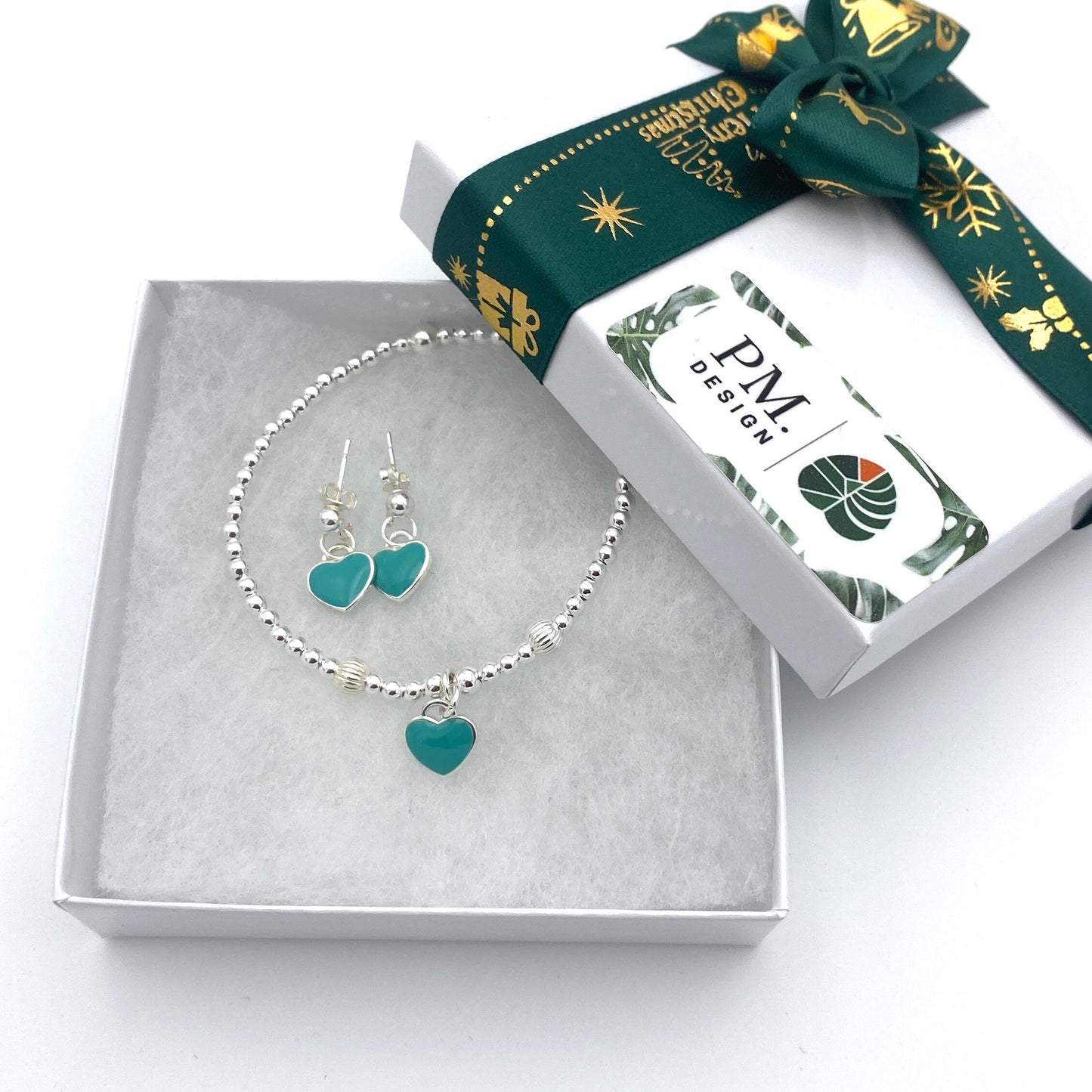 Sterling silver blue heart bracelet and earrings set personalized friendship women jewelry