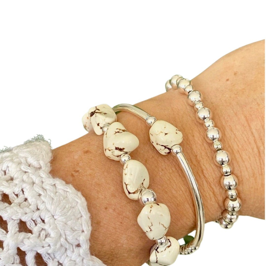 Sterling Silver and White Howlite Stretchy Bracelet Beaded Bracelet for Women Special Gift Jewelry