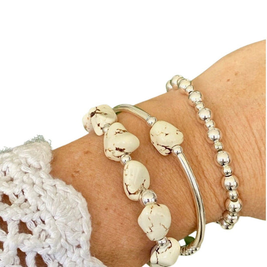 Sterling Silver and White Howlite Stretchy Bracelet Beaded Bracelet for Women Special Gift Jewelry