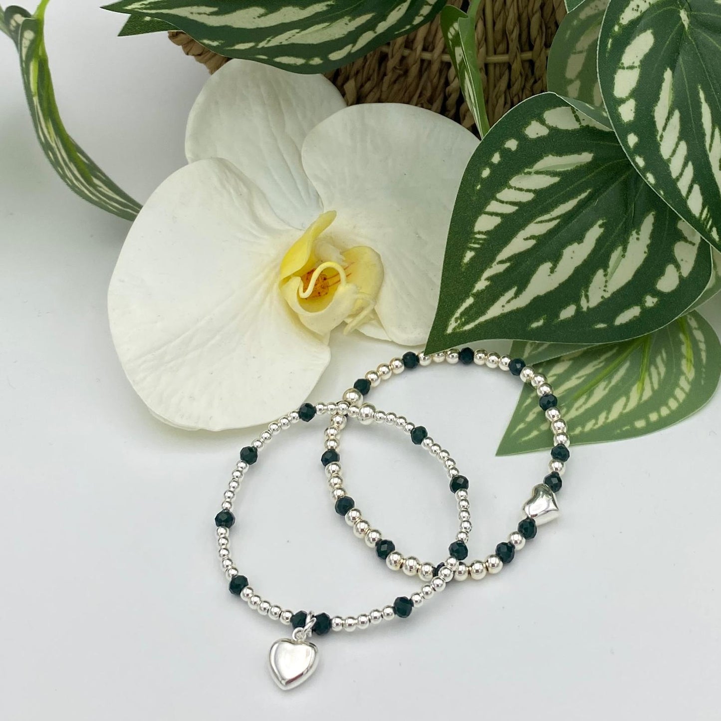 Sterling silver dainty charm bracelet with dark green crystal heart and butterfly gift