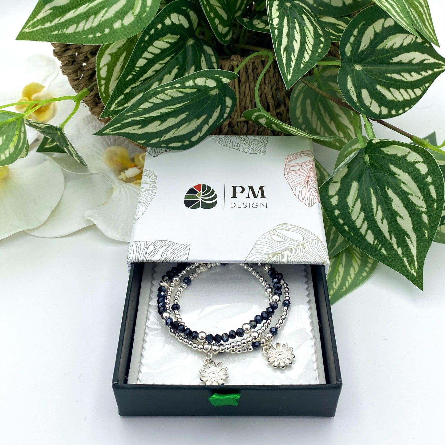 Sterling silver spring flower bracelet blue crystal daisy charm gift for her or mom