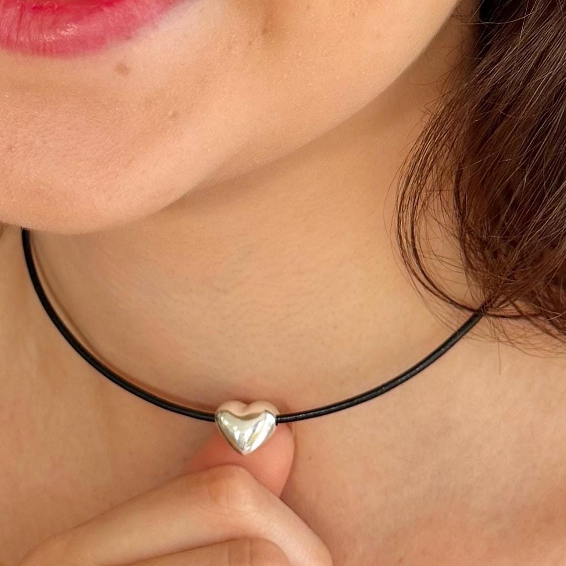 Leather Choker and Silver Earrings Set with Heart Charm Personalized Gift for Her