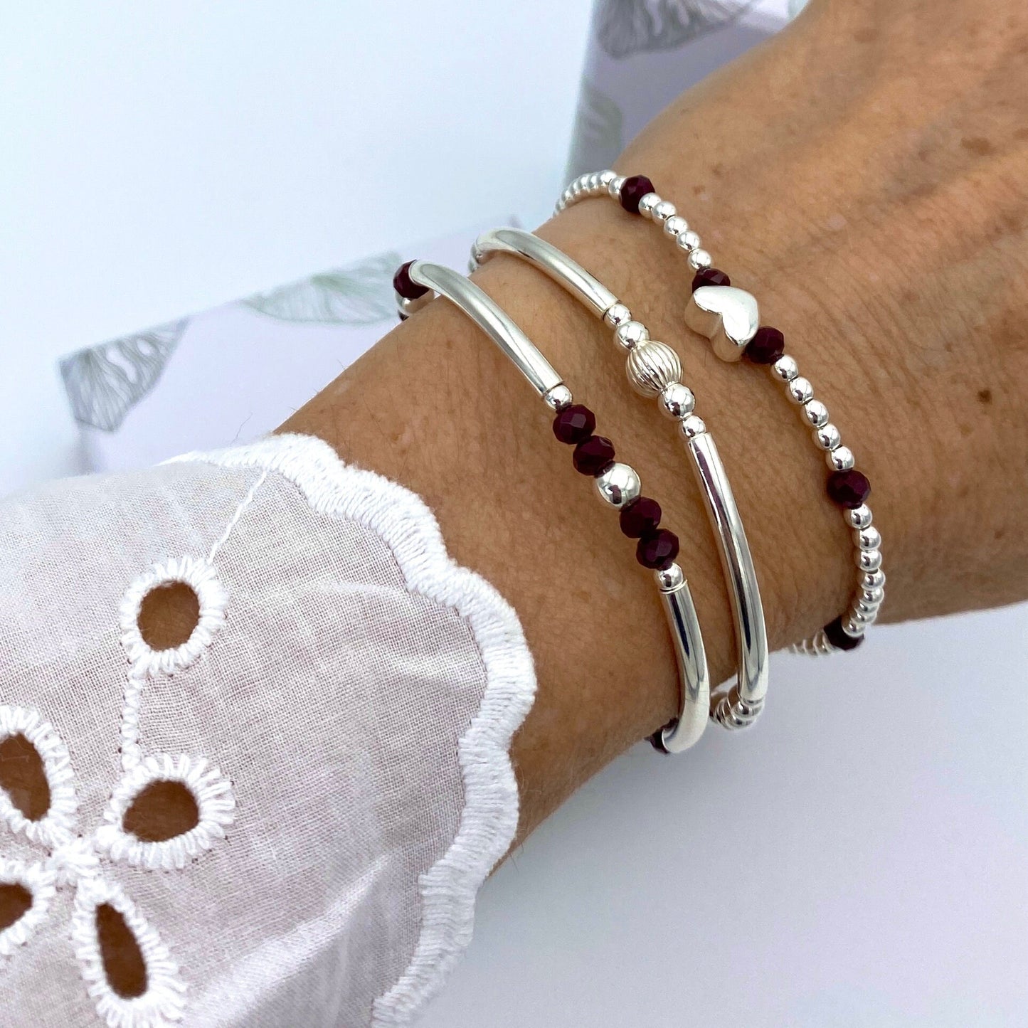 Sterling silver wine crystal bracelet for women heart charm stretchy personalized jewelry gift