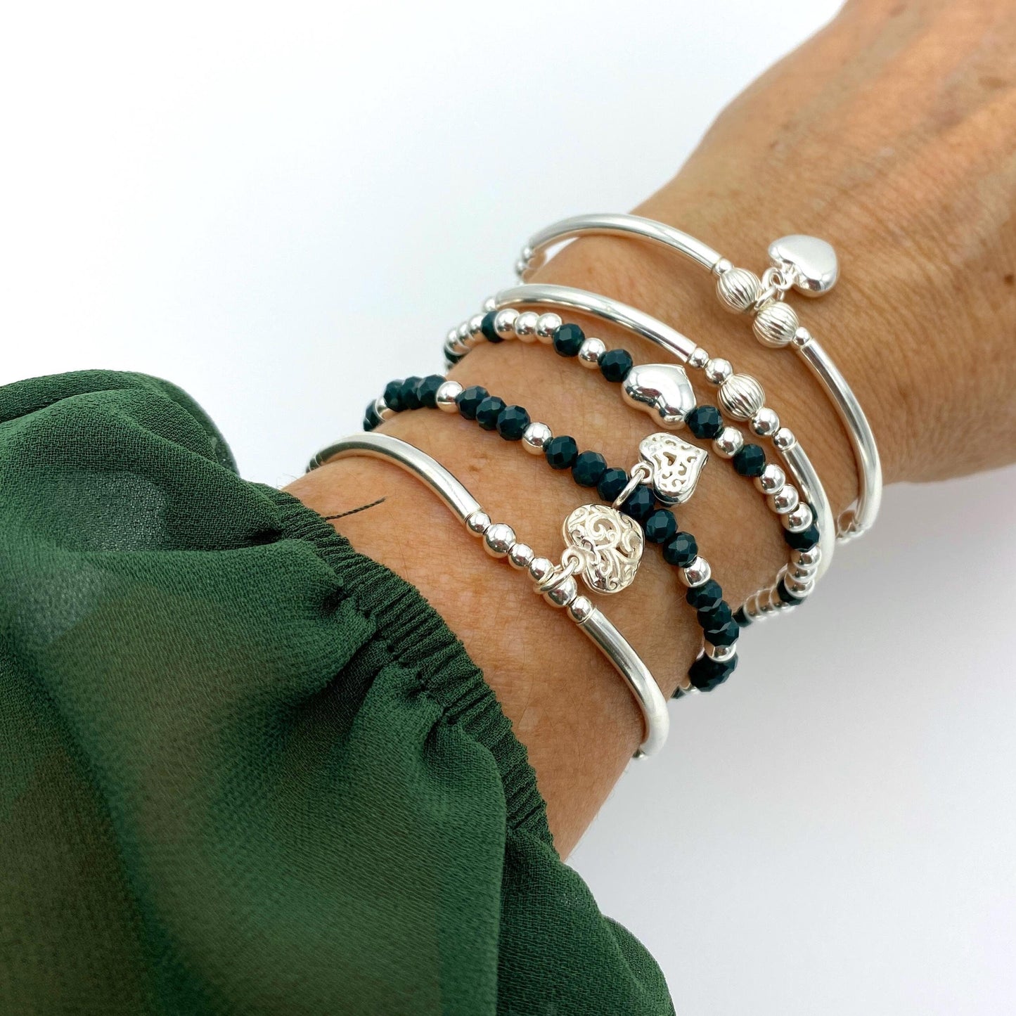 Sterling silver dark green crystal bracelet set heart charm personalized women jewelry gift