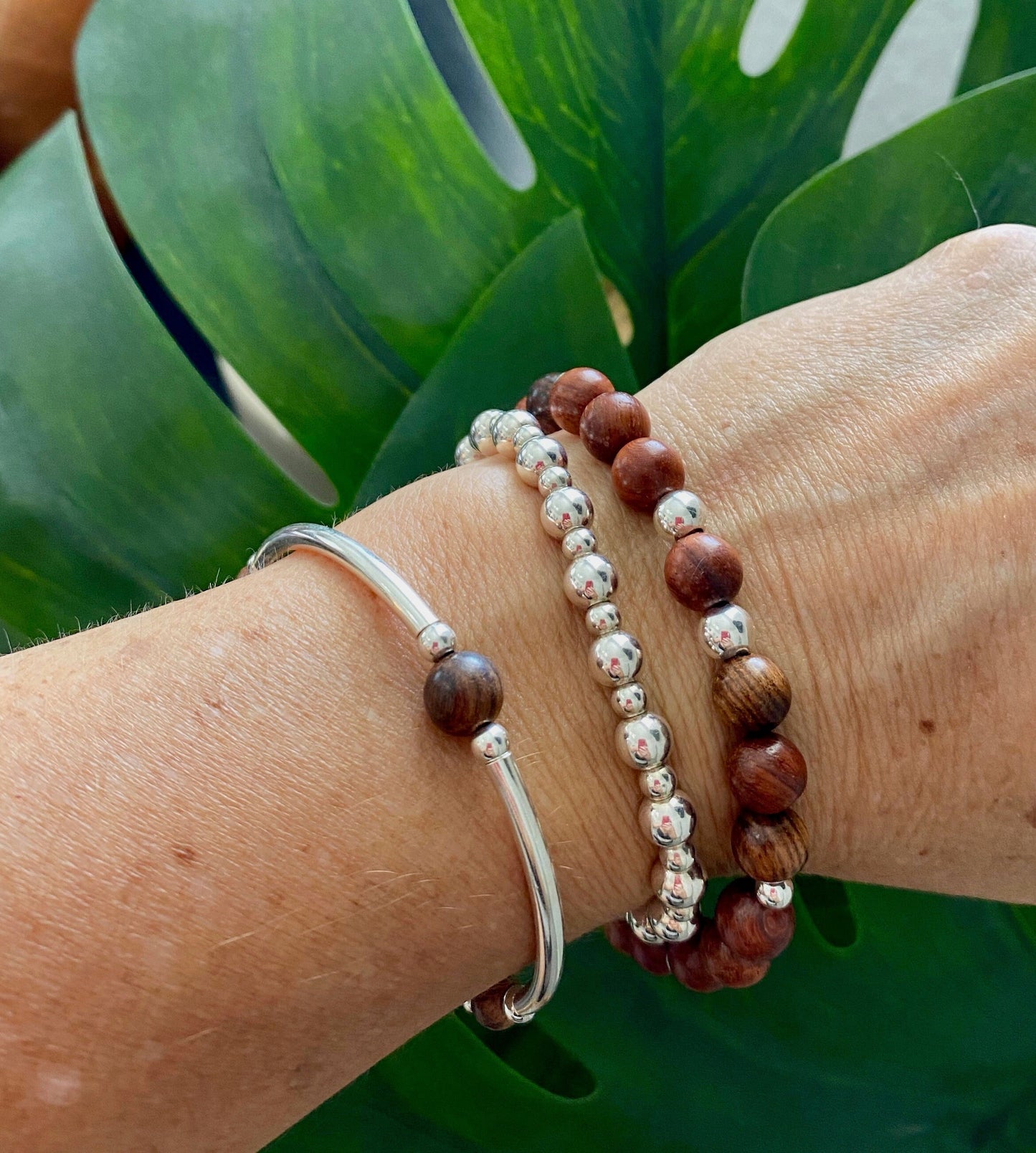 Sterling silver and wood bracelet stretchy beaded jewelry nature inspired gift for women