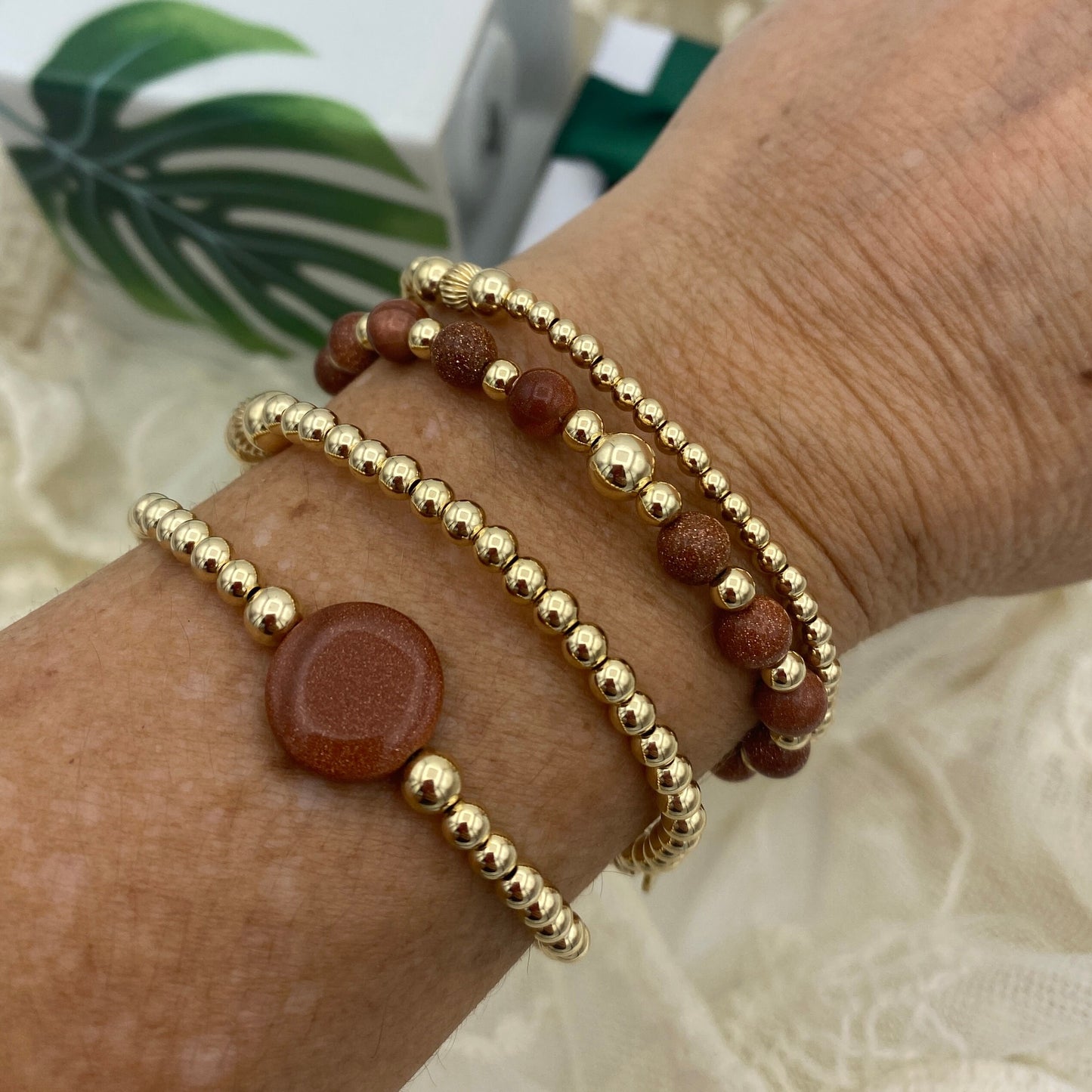 Gold filled sandstone beaded bracelet Set brown goldstone women jewelry stretchy stacking fall color gift