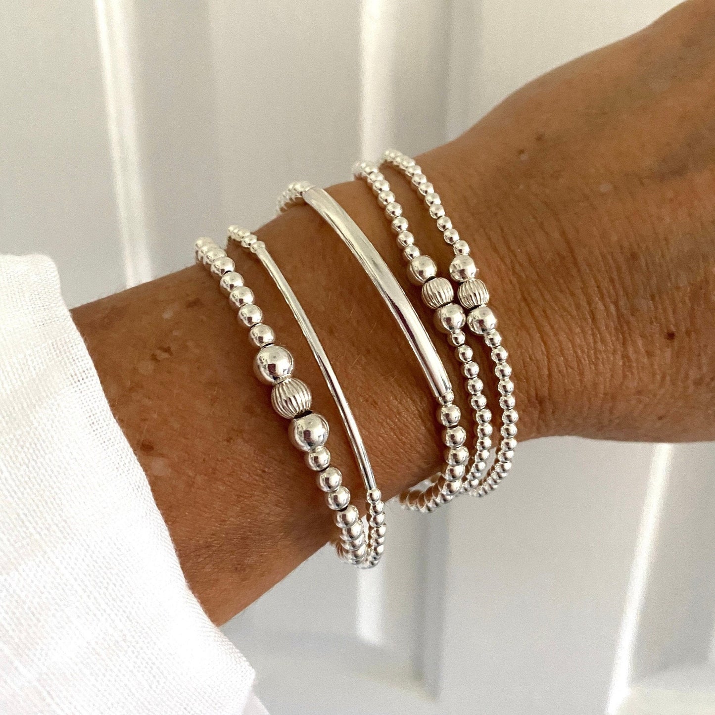 Sterling silver beaded bracelet for women stacking stretchy jewelry bridesmaid gift wedding set
