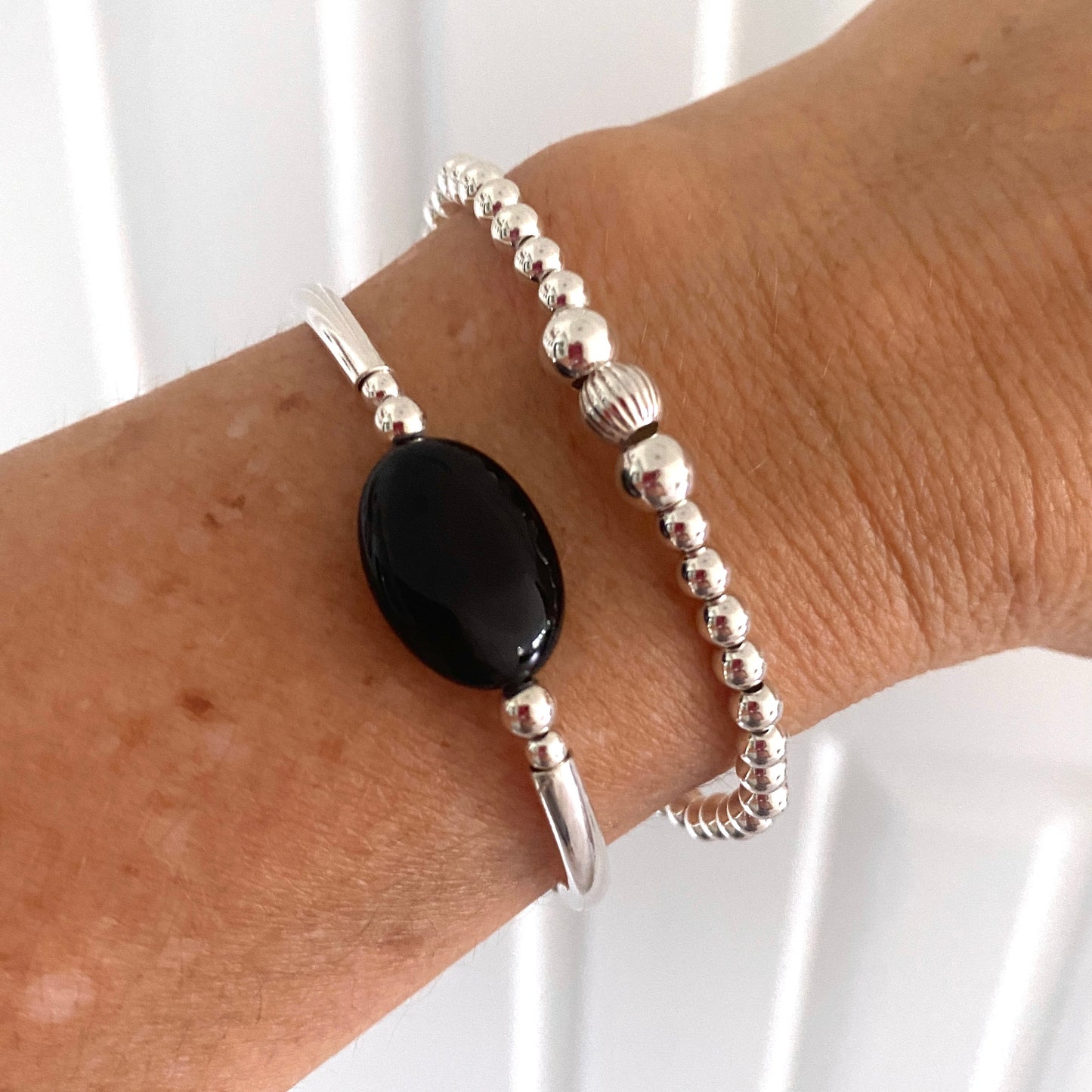 Black onyx sterling silver stacking bracelet women stretchy gemstone jewelry friend birthday gift
